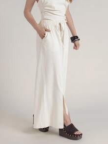 CielaLinda Women Linen Pants Casual Elegant Vacation Pants Slit Front Pants - Apricot - View 7