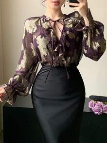 DAZY 女士优雅印花系带腰身衬衫，春夏款 - 黑色 - 查看 1