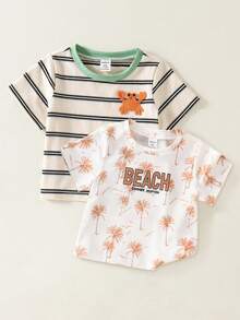 SHEIN Bộ 6 món cho bé trai/bé gái mùa hè, kiểu dáng thường ngày, in hình cây dừa, rùa, cua hoạt hình, áo và quần short, bộ đồ đi nghỉ mát nhiều món, bộ đồ cơ bản nhiều món. - Nhiều màu - Xem 8