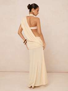 Lumalex 女士纯色褶皱性感长裙，适合派对穿着 - 杏色 - 查看 3