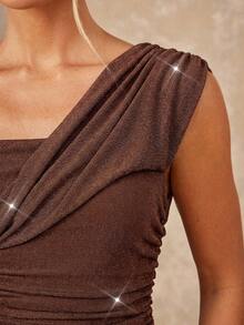 Lumalex 女士不对称肩部无袖长款收腰连衣裙 - 咖啡 - 查看 4