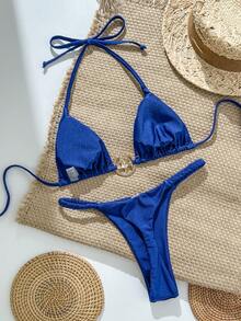 Swim Vcay Bộ bikini hai mảnh màu trơn dành cho nữ, dây mảnh, đính kim loại, kiểu thong, thích hợp cho kỳ nghỉ hè ở bãi biển. - Màu xanh lam - Xem 3