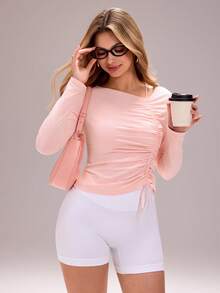 Sovereign Charm Lightweight Drawstring Jacquard Decor Sweatshirt, Spring/Autumn - Pink - View 6