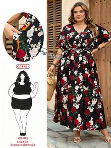 SHEIN CURVE+ 尺码 US22 适合音乐节、海滨度假、波西米亚风休闲复古大碎花宽松抽绳连衣裙，适合春夏穿着，大码身材，适合休闲度假，飘逸连衣裙，女士沙滩装/沙滩裙/沙滩度假装/沙滩必备/毕业典礼/下午茶会连衣裙/夏季/乡村/沙滩度假装/沙滩装/沙滩服饰 - 彩色 - 查看 11