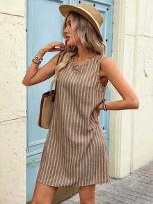 SHEIN LUNE Women's Casual Striped Sleeveless Mini Dress, Suitable For Summer Vacation, Commute And Daily Wear - Khaki - View 5