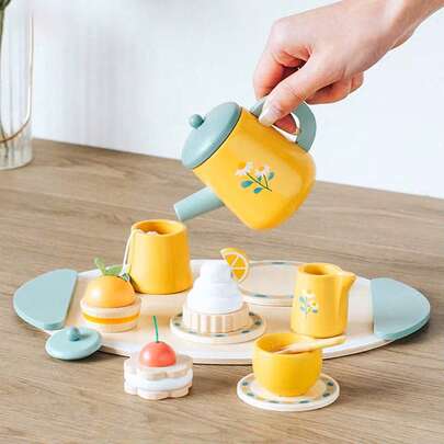 MINKOJA Juego de té para niñas como regalo de cumpleaños para niñas de 3 años, juego de comida de juguete de madera para fiesta de princesas, accesorios de cocina, juguetes educativos de madera para niños de 3+ años, juguetes de cocina, juguetes de madera
