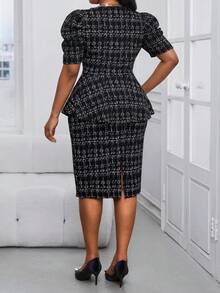 SHEIN Lady CURVE Plus Size Women's Plaid Square Collar Petal Sleeve Shirt & Pencil Skirt 2-Piece Set,Black And White,Autumn,Elegant,Dinner Office Dress Formal Suit - Baby Blue - View 4