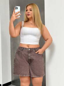 SHEIN Pantalones cortos de mezclilla de talla grande, lavados, de cintura alta - Marrón - Ver 5
