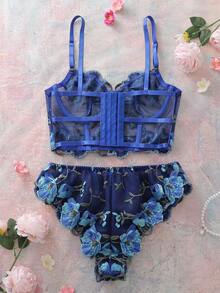 2pcs Sexy Lingerie Set With Floral Embroidery Fabric, Underwire Bra With Hollow Back Design, Ruffle Trim Panties, Sensual Style - Multicolor - View 2