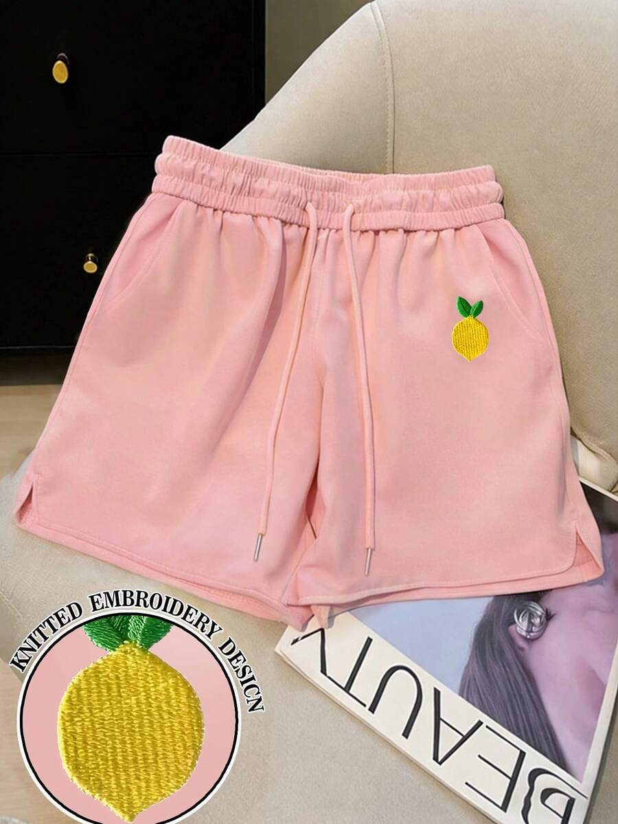 Resyla Plus Size Women Drawstring Waist Lemon Embroidery Pattern Casual Versatile Daily Wear Shorts - Black - View 1