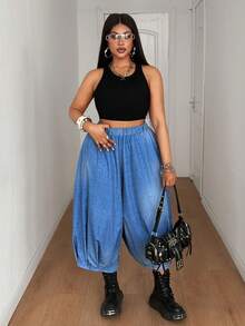 Maweii Quần ống rộng lửng cạp chun nữ, kiểu dáng đường phố, chất liệu denim dáng rộng, đa năng, phù hợp mặc hàng ngày, cỡ lớn, mùa xuân/hè/thu, quần nữ giả denim màu xanh dương, quần ống phồng, quần nữ giả denim, quần hè cho nữ - Màu xanh lam - Xem 2