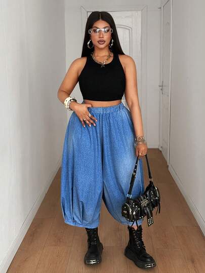 Maweii Women's Casual Elastic Waist Straight Leg Cropped Wide Leg Pants, Street Fashion Loose Fit Denim Effect, Versatile Daily Wear, Plus Size, Spring/Summer/Autumn