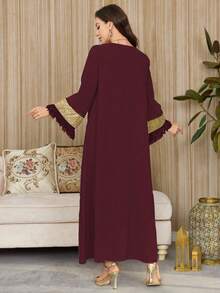 Al Najma Đầm nữ thanh lịch, sang trọng, cổ điển, đính sequin, thêu, họa tiết hoa, phối màu trơn, có tua rua. - Màu Đỏ Sâu - Xem 2