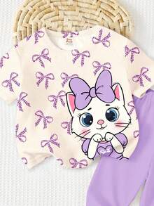 奶油白和奶油紫，可爱猫咪动物印花，女婴休闲简约柔软圆领宽松短袖T恤和打底裤套装，适合春夏日常、街头风、外出、居家、度假、返校、开学等场合，女婴幼儿服装打底裤套装 - 白色 - 查看 6