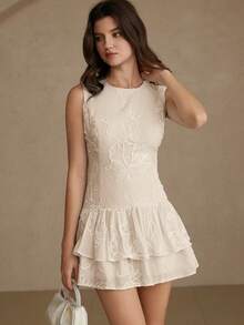 Aveloria Rosie New Arrival Round Neck French Romantic Embroidered Floral Layered Cake Hem Fitted A-Line Dress, Sweet And Elegant Style For Spring/Summer Dates And Parties, Sleeveless - Apricot - View 6