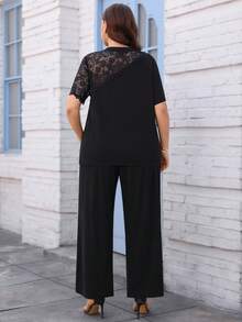 Miaspire Plus Size Elegant Casual Commuter Solid Color Lace Patchwork Top And Pants 2 Pieces Set, Summer Formal Black - Black - View 8
