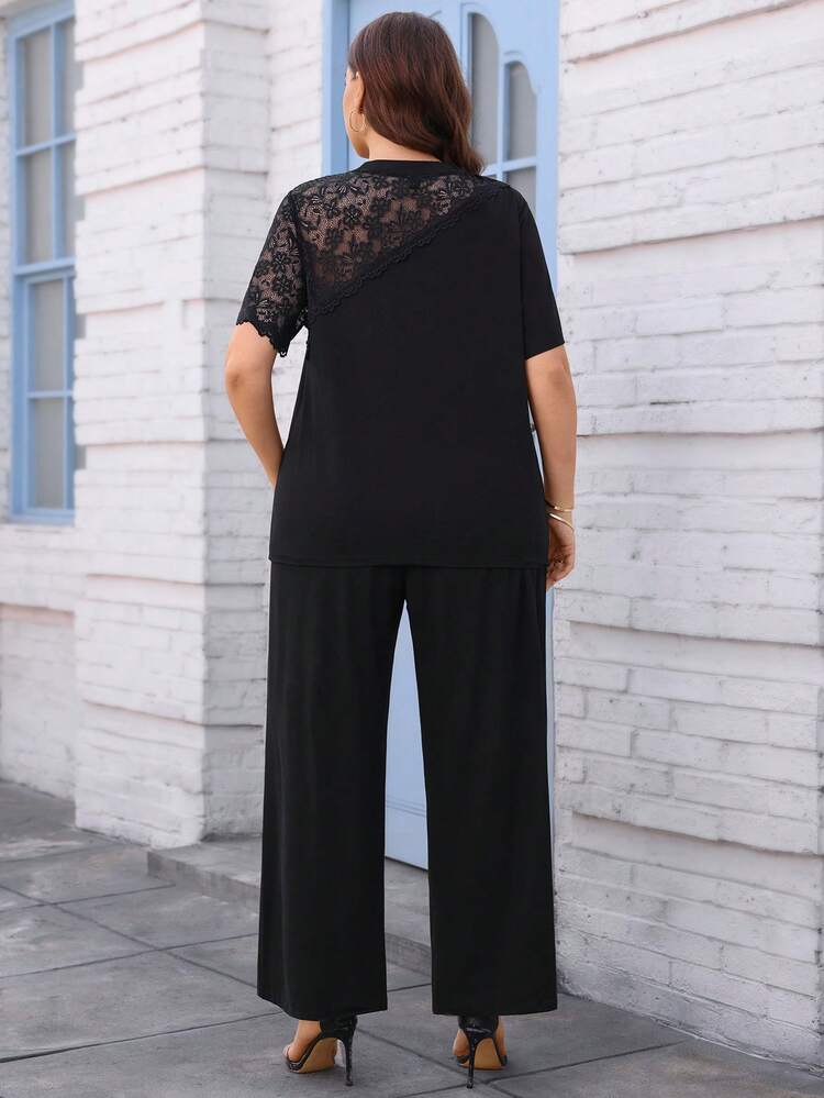 Plus Size Elegant Commuter Solid Color Lace Patchwork Top And Pants 2 Pieces Set, Summer