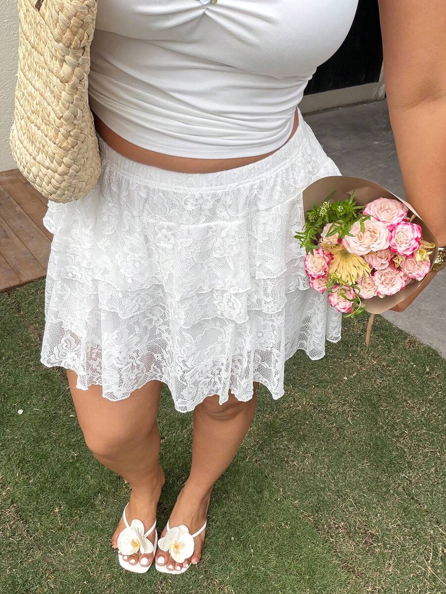 Sunnyshic Plus Size Lace Elegant Shorts, Spring/Summer - White - View 1