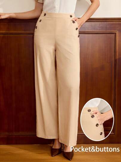 Vintamour Vintage Classic Elegant Women's Pants, Spring/Summer Fitted Pocket Button Straight Leg Khaki Pants Beige Pants Women High Waisted Pants Curve Petite Pants Spring/Summer Casual Vacation Holiday Pants Women Graduation Pants For Women Wedding Guest Pants For Women