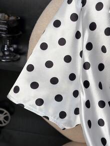 Franclia 2026 New Summer White Satin Polka Dot Short Sleeve Shirt, V-Neck Elegant Unique Design Cropped Top - White - View 6