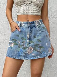 SHEIN ICON 女款花卉圖案口袋休閒寬鬆牛仔裙褲 - 淺色水洗藍 - 查看 6