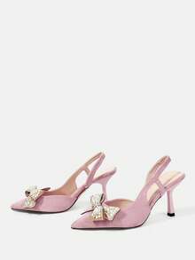 CUCCOO HITCHD Women's Pointed Toe High Heel Shoes, Spring/Summer New Arrivals, Faux Suede Fabric, Rhinestone & Pearl Bow Decor, Light Pink Color, Comfortable & Elegant, Suitable For Weddings, Parties, Formal Occasions - Barely Pink - View 3