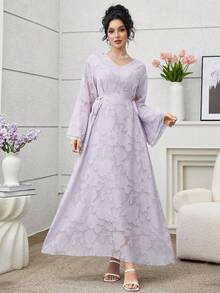 Yasmyna 女士V领提花扭腰优雅长裙，适合派对和聚会 - 灰色 - 查看 6