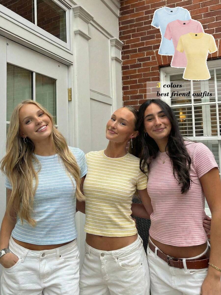 SHEIN CovetEZ 2026 新款女士休闲三件套，基础款，居家休闲，百搭，闺蜜装，时尚百搭，春夏基础款彩色休闲条纹圆领短袖修身 T 恤，夏季。 - 彩色 - 查看 1