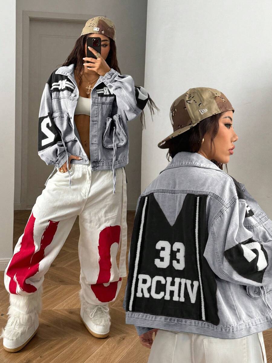 StreetHx Women's Color Block Letter Embroidery Denim Jacket - Multicolor - View 1