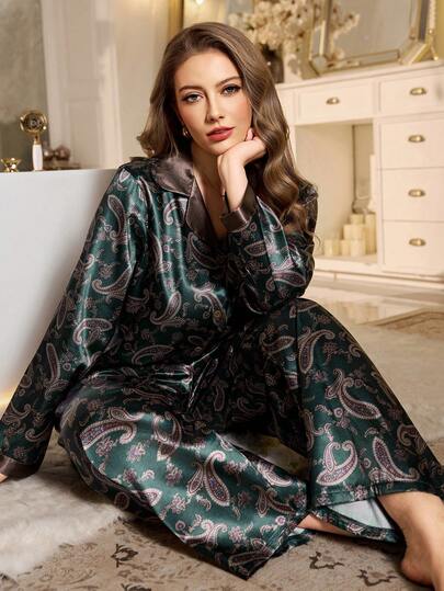 SHEIN MuseNap CURVE 大码女士优雅仿丝绸开襟长袖睡衣套装