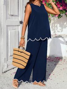 SHEIN Maternity Casual Sleeveless Top And Pants 2 Pieces Set - Navy Blue - View 4