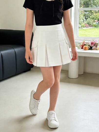 Elladie kids Tween Girls' Preppy Style A-Line Mini Skirt, Spring/Summer, White, Decorative Faux Pockets On Sides, Pleated Hem, Knit Fabric, Soft & Comfortable, Suitable For School, Commute, And Daily Wear School Uniform Pleated Skirt Women Girl High Waist Pleated Skirt