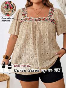 SHEIN CURVE+ Plus Size Square Neckline, Minimalist And Fashionable, Suitable For Summer Beach For Woman/Beach /Beach Vacation/Beach Essentials / Graduation/Tea Party Summer/Country/Beach Vacation/Beach/Beach Wear, Going Out Top - Khaki - View 7