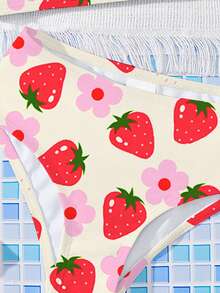 SHEIN 可爱草莓花图案，海滩度假风，少女休闲简约修身吊带背心和三角比基尼泳衣套装，适合夏季休闲度假，#椰子女孩 - 彩色 - 查看 6