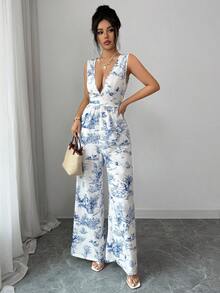 Elenzga Women's Deep V-Neck Botanical Print Sleeveless Wide Leg Jumpsuit - Blue - View 3
