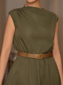 Melissa Matos Women's Solid Color Sleeveless Dress (With Belt), Back To School Season, Olive Dress - Army Green - View 5