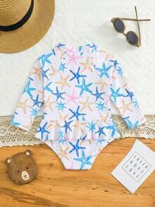 女婴海星印花拉链荷叶边沙滩连体泳衣 - 彩色 - 查看 2