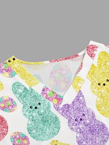 PopScrub Women's V-Neck Short Sleeve Double Pocket Cartoon Rabbit Print Nurse/Doctor Work Uniform Top, Solid Color Pet Grooming Work Uniform Top - White - View 3