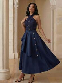 Anewsta Women's Criss-Cross Halter Striped Elegant Blouse - Navy Blue - View 6