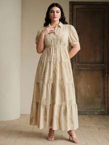 Anewsta 杏叶刺绣领花瓣袖女式连衣裙 - 杏色 - 查看 1