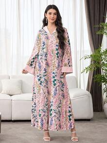 SHEIN Najma Đầm nữ thanh lịch, sang trọng và duyên dáng với họa tiết hoa và Ả Rập, dáng rộng. - Hồng - Xem 3
