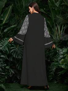 Al Najma Women's Geometric Print Patchwork Flare Sleeve Dress - Black - View 2