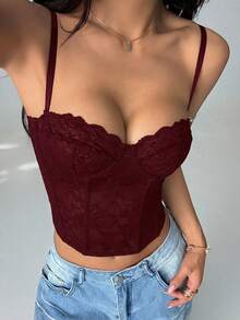 SHEIN PETITE 性感蕾丝透视吊带背心，派对装扮，约会装，通勤装，可爱抹胸，性感夜店上衣，束身胸衣，无肩带上衣，外出上衣，夏季上衣，可爱上衣，女士夏季穿搭，蕾丝上衣，束身胸衣，秋冬打底衫 - 中紫紅色 - 查看 4