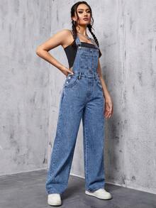 SHEIN ICON Bộ áo liền quần denim nữ kiểu dáng thường ngày, đa năng, có túi. - Rửa trung bình - Xem 3