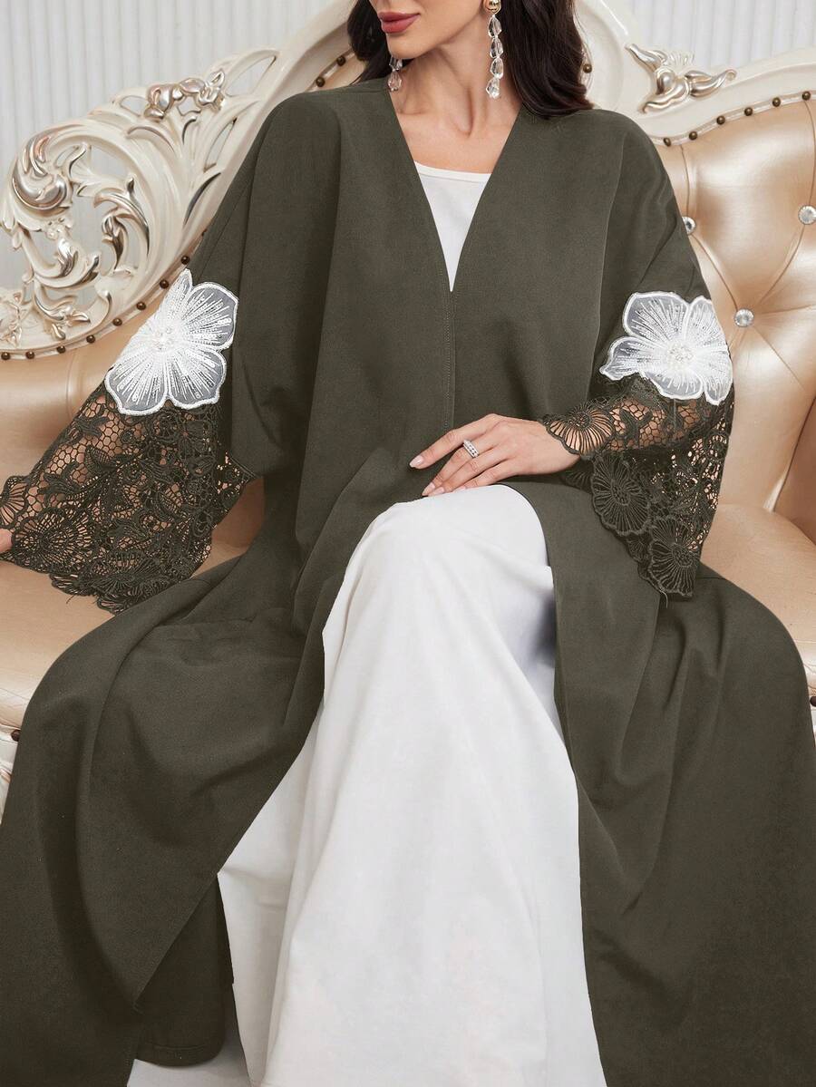 Al Najma 女士宽松阿拉伯风格长袍,蕾丝袖口拼接刺绣装饰,休闲开襟长袍,适合日常休闲/派对穿着。 - 橄欖綠 - 查看 1