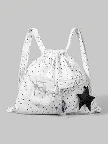 ROMWE Grunge Punk 白色 Y2K 千禧辣妹星形印花蕾丝拼接立体金属星形音符装饰二维元古经典波点量产系列轻便大容量可折叠收纳袋，适合休闲、旅行、音乐节/学校通勤和日常使用。 - 白色 - 查看 1