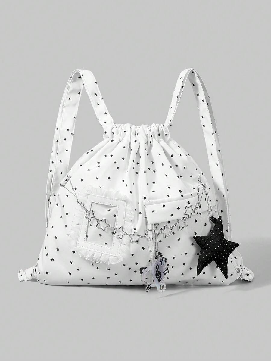 ROMWE Grunge Punk 白色 Y2K 千禧辣妹星形印花蕾丝拼接立体金属星形音符装饰二维元古经典波点量产系列轻便大容量可折叠收纳袋，适合休闲、旅行、音乐节/学校通勤和日常使用。 - 白色 - 查看 1