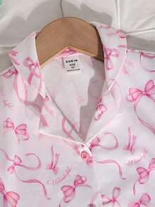 SHEIN Bộ đồ mặc nhà 2 món cho bé gái: áo khoác cardigan cổ bẻ và quần short đan họa tiết nơ. - Nhiều màu - Xem 6