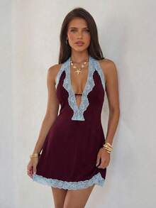 Aloruh 女士深V领蕾丝拼接撞色迷你连衣裙 - 酒紅色 - 查看 2