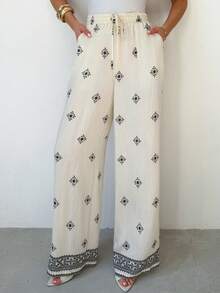 Firerie 女士优雅复古印花阔腿裤，适合度假穿着 - 黑與白 - 查看 6